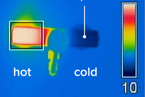  Ringinstallation Kalt- und Warmwasserseite: Thermographie unmittelbar nach dem Zapfvorgang. Auf der Warmwasserseite der Armatur herrschen Oberflächentemperatur von etwa 60 °C und auf der Kaltwasserseite 10,1 °C. 
