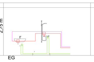  CAD-Zeichnung einer Installation mit Hygienebox: Die Kaltwasserversorgung erfolgt von unten über eine Ringleitung und Doppelwandscheiben. Die Zirkulation versorgt die Entnahmestellen von oben über je eine Hygienebox. 