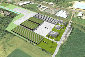  Zukünftiger Campus Technisches Zentrum Heiterblick, Leipziger Verkehrsbetriebe. Begrünte Dachflächen auf den Neubauten: Vorne Abstellhalle, Mitte Hauptwerkstatt (2014 fertiggestellt), hinten Betriebswerkstatt. Grau: Denkmalgeschützter Gebäudebestand. 