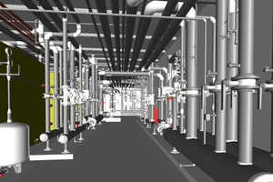  Gebäudetechnik in einem der technischen Räume des Hilton Schiphol Hotels im BIM-Modell  