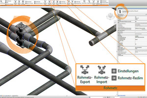  Die „Solar-Computer“-Leiste in der „Revit“-Oberfläche enthält alle Gewerke für die Gebäude- und TGA-Planung nach BIM-Arbeitsmethodik zum intelligenten interaktiven Verbinden von Zeichnen und Berechnen. Das Beispiel zeigt ein 6-Wege-Ventil einer abgerufenen „Revit“-Familie als Detail eines Vierleitungssystems, das komplett mit logisch korrekter Hydraulik mit der Rohrnetzberechnung verbunden werden kann. Abgleich, Dimensionierung, Zuordnen von VDI 3805-Herstellerdaten und Beschriftungsgenerierung erfolgen in der Berechnung. 