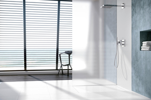  Zusätzlich zu den digitalen Services zeigt Kaldewei Badlösungen, darunter mit „Nexsys“ eine Neuheit im Bereich der bodenebenen Duschflächen. 