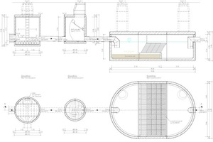  Plan der Niederschlagswasserbehandlung im Teilstromverfahren, Anlage Süd in Grundriss und Schnitt. 