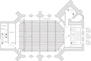  Plan des Deckensegels Der Abstand zu den umfassenden Mauern und Fenstern ist gut zu erkennen. 