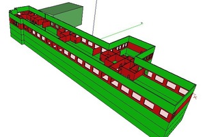  3D-Modell des Gebäudes (rot markiert das 2. OG) 