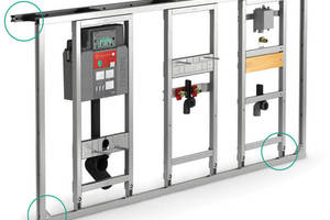 „VariVIT“-Schienenmontage mit (siehe Kreise) montagefreundlichen Rasterwandwinkeln und Eckverbindern sowie Stellfuß-Höhenverstellung in einem großen Bereich 