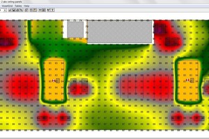  Isolinien- oder Isoflächengrafiken machen die Ergebnisse der Akustik-berechnung, wie Nachhallzeit oder Schalldruckpegel, besser ablesbar, wie hier die Schallpegelverteilung in einer Industriehalle. 