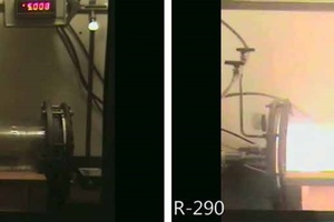  Glühdrahtprüfung mit R290 (Testbeginn [links], 0,066 s nach erstmaligem Auftreten einer Flamme [rechts]) 