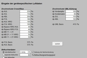  Eingabemaske der lufttechnischen Daten im Anwendungsfall 