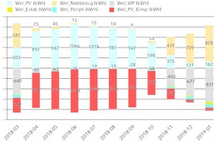  Monatliche Auswertung der Stromquellen und -senken des „Solink“-Systems: PV-Ertrag (Wel_PV) und berechneter Netzbezug (Wel_Netzbezug), Stromverbrauch von Wärmepumpe (Wel_WP) und Elektroheizstab (Wel_Estab), Stromverbrauch für zusätzliche Pumpen und Ventile (Wel_Periph) sowie berechnete Netzeinspeisung (Wel_PV_Einsp) 