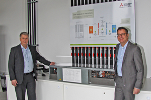  Michael Lechte, Manager Product Marketing, Living Environment Systems bei Mitsubishi Electric (links), und Dror Peled vor der HVRF-Anlage im Schulungszentrum von Mitsubishi Electric in Ratingen. 