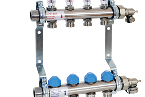  Der Heizkreisverteiler „HKV2013A-AFC“ mit automatischer Durchflussregelung ist ein Rundrohrverteiler aus Edelstahl für zwei bis zwölf Heizkreise.  