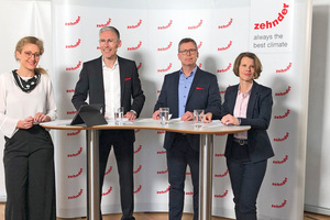  Der Raumklimaspezialist Zehnder gab in einer Online-Pressekonferenz Einblicke in seine Zukunftsstrategien. Die Teilnehmer waren (v.l.n.r.): Uta Fußangel, Moderation, Heiko Braun, Geschäftsführer Zehnder Group Deutschland GmbH, Jörg Risch, Leiter Kundendienst, und Petra Frey-Gangi, Leiterin Marketing und Produktmanagement. 