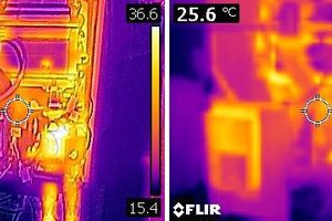  Die Überlagerung von visuellem und IR-Bild verbessert insbesondere bei geringen IR-Auflösungen den Kontrast und die Orientierung im Bild (Gastherme ohne und mit Überlagerung).  