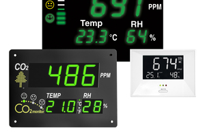  Die wichtigsten Indikatoren für Innenraumluftqualität auf einen Blick: Airflow bietet CO2-Monitore mit drei verschiedenen Display-Größen an – dabei zeigen alle Ausführungen neben dem CO2-Wert außerdem Temperatur und Luftfeuchtigkeit an.&nbsp;  