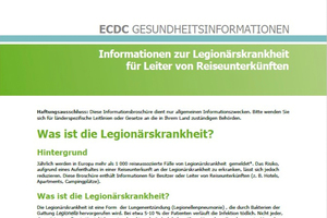  Kostenlos und in 27 Sprachen herunterzuladen: „Informationen zur Legionärskrankheit für Leiter von Reiseunterkünften“.Zu finden mittels der Suchbegriffe „ecdc + leaflet + tourist“. 