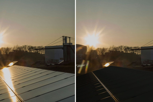  Solarmodule ohne (links) und mit (rechts; visualisiert) Phytonics-Folie. Die Folie unterdrückt die Reflexion für alle Wellenlängen und Einfallswinkel des Lichts fast komplett.  