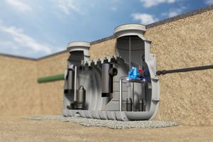  Die integrierte Pumpstation mit kombinierter Probenahmemöglichkeit dient zum Sammeln und automatischen Heben vom Abwasser über die Rückstauebene – und somit auch zum Rückstauschutz. 