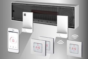  Das Danfoss-„Icon“-System zur Fußbodenheizungssteuerung mit Hauptregler, Repeatern und Touchdisplay-Raumthermostaten im Lichtschalterdesign. Die Bedienung ist auch via Smartphone-App möglich.  