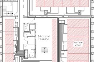  TABS-Zonierung der ersten drei Stockwerke eines Seminargebäudes. Die mit TABS aktivierten Flächen sind rot markiert und sind innerhalb der Zone jeweils über ein bzw. im PC-Pool-Raum über zwei TABS-Verteiler miteinander verbunden.  
