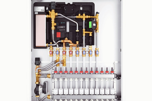  Die Wohnungsstation „Regudis-W-HTE“ kann mit einem Vorlauftemperatur-Regelmodul zur thermostatischen Vorlauftemperaturregelung und einem Heizkreisverteiler bis max. zwölf Kreise erweitert werden. 