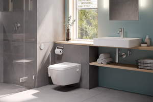  Das „TECEprofil WC-Modul“ mit „Uni 750-Spülkasten“ ist ideal für gemeinsame Konstruktionen mit Aufsatzwaschtischen 
