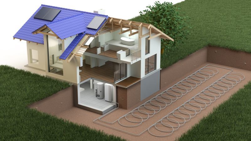 Einbau einer Wärmepumpe in einer schematischen Darstellung im Querschnitt eines Hauses und im Garten.
