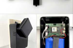  Bild 2: Sensorkonfigurationen mit zwei Positionen (oben) und einer Position (unten links). Innenansicht des Gehäuses (unten rechts) mit Platine, Akku und Flachbandleitung zu den Sensoren in den Auslegern. 