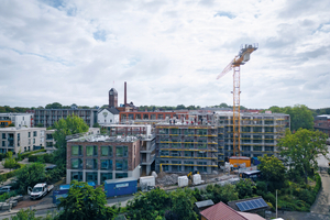  Blick auf den Neubau von 122 Mikroapartments mit TGA-Modulen am Germania Campus in Münster. 