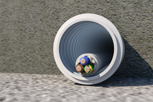  Eine Möglichkeit für die Leerrohrinfrastruktur in Beton bietet Fränkische mit dem „FFKuS-EM-F Highspeed“. Das biegsame Kunststoffwellrohr hat eine hochgleitfähige Innenschicht und eine speziell gestaltete Außenhaut. 