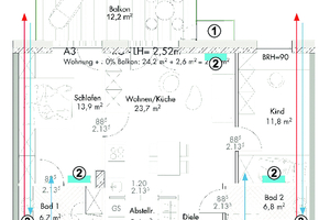  Grundriss der 3-Zimmer-Wohnungen (geplant). Legende:1. „Vivaero Silent Cube Air+“ (Luft/Luft-Wärmepumpe)2. Wärmepumpenkonvektoren (heizen/kühlen)3. Dezentrale Lüftungsanlage mit Wärmerückgewinnung4. Trinkwassererwärmer 