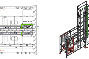  Installationsschacht mit halbhoher Vorwand: Hier sind lediglich die baulichen Abmessungen und die Dimensionen der Steig- und Fallleitungen individuell zu adaptieren. 