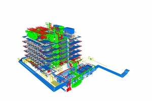  BIM-Koordinationsmodell des ZfS Köln: Im BIM-Viewer betrachteter IFC-Export aus „Revit“, bei dem die architektonischen Gewerke ausgeblendet sind, sodass die TGA-Gewerke Heizung, Lüftung, Elektro, Sanitär dargestellt werden. 
