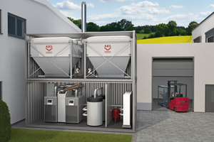  Schematische Darstellung des Aufbaus bzw. der Funktionsverteilung im Doppelcontainer: Im oberen Container befindet sich das Pelletslager, hier in Form von Trogsilos. Darunter ist links die Pelletseinheit zu sehen, inklusive Pufferspeicher, rechts davon separiert sind die Wärmepumpen. 