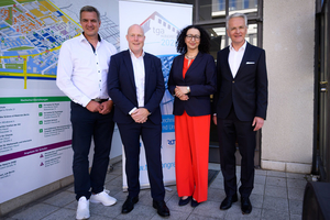  Vier der fünf Redner des TGA-Kongresses 2025 (v.l.): Prof. Dr.-Ing. Martin Kriegel, Frank Ernst, Prof. Dr.-Ing. Lamia Messari-Becker und Prof. Dr.-Ing. Dr. Christoph Kaup. 