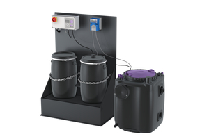  Die „DOS“ Dosierstation besteht aus zwei Anlagenteilen: 1. Dosierstation mit Dosiermittelvorrat, Dosierpumpe und Steuerung. 2. Anmischstation mit Klarwasserpumpe und Druckleitungsverbindung zum Fettabscheiderzulauf. 