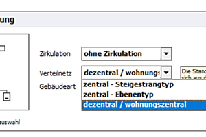  Auswahl des Verteilnetzes und der Länge der Verteilleitung im Softwarebeispiel „Energieberater 18599“ von Hottgenroth (Version 12.4.1.24). 