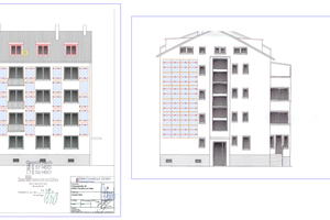 Bild 7: Kollektorplanung an der Fassade (links Süd-, rechts ­Ostfassade).  