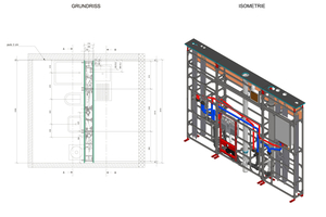  Dieser Grundriss und die CAD-Zeichnung zeigen die Trennwand, die Bad (li.) und Küche (re.) trennt.  