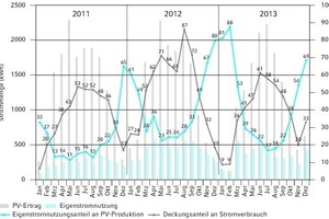  Monatliche Endenergiebilanz Strom aus PV-Produktion, Eigenstromnutzungsanteil und solarem Deckungsanteil (2011 bis 2013) 