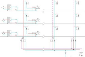  Parallel zum Vorlauf für Trinkwasser warm (rot) ist der magenta-farbene Inliner gestrichelt dargestellt. Auf den einzelnen Etagen lassen sich auch Ringleitungen mit Strömungsteiler installieren. 