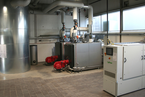  Heizungsanlage: Pufferspeiche (links), Gasbrenner (Mitte), BHKW-Anlage (rechts) 