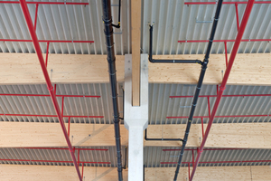  Platzsparend parallel zur Hallendecke verlaufen die schwarzen Rohre der Druckströmungsentwässerung und das rote Rohrsystem der Sprinkleranlage 