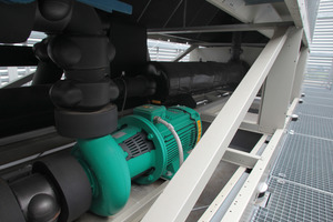  Zwei Kältemaschinen mit zusammen rund 1,2 MW Leistung speisen über die integrierten Inlinepumpen der Baureihe „Wilo-VeroLine-IL“ bis zu 180 m3  Wasser pro Stunde in das Kältenetz ein. 