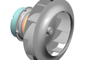  Die GreenTech EC-Technologie passt sich der Applikation an: Bei diesem Radialventilator ist das Lüfterrad nicht wie üblich direkt auf den Rotor montiert, sondern an der ausgeführten Welle befestigt 