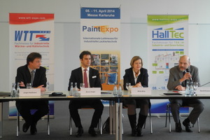  Auf der Vorpressekonferenz erläuterten (v.l.n.r.) Jürgen Haußmann, Geschäftsführer der FairFair GmbH und Veranstalter der PaintExpo, Bruno Geiger, Mitglied des Vorstands der Eisenmann AG, Britta Wirtz, Geschäftsführerin der Karlsruher Messe- und Kongress- 