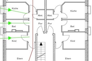  Grundriss einer Wohnung in einem Mehrfamilienhaus, der der es zu Problemen mit der Luftfeuchte kam 