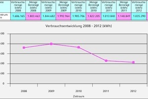  Grafische Darstellung von Verbrauch und Kosten, witterungsbereinigt in den Heizperioden 2008 bis 2012 (vor und nach Umstellung der Heiztechnik auf Hackschnitzel im Jahr 2010) 