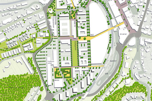  Der Plan zeigt den Endausbau des ehemaligen Industriegeländes, das sich direkt an die Gummersbacher Innenstadt anschließt. Die Halle 32 liegt in der Mitte, südlich schließt sich der Stadtpark an. 