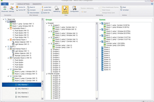  Intuitive Konfiguration: Innerhalb der dreispaltigen Darstellung lassen sich die Dali-Geräte kurzerhand per Drag-and-drop Gruppen oder Szenen zuordnen. 